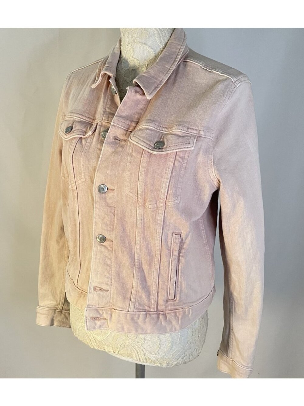 H&M Blush Pink Denim Jacket Womens 12 Stretch Cotton Faded Trucker Style Fitted